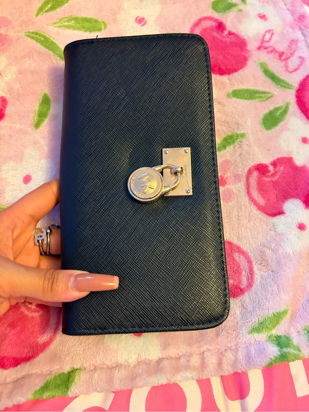 Michael Kors Black Saffiano Phone Case with Silver MK Charm